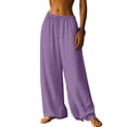 thumbnail image 1 of longantii Linen Pants Women Wide Leg Drawstring Palazzo Lounge Pant Elastic Waist Boho Beach Vacation Summer Travel Trousers Purple L, 1 of 5
