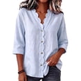 thumbnail image 1 of longantii Linen Shirts for Women Comfy Half Sleeve Scalloped V Neck Tshirts Lightweight Solid Color Pullover Button Up Business Daily Wear for Spring Fall Blue 2XL, 1 of 6