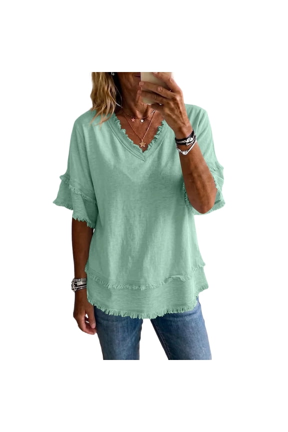 Linen Shirts for Women V Neck Casual Cute Oversized Shirt Loose Basic Holiday Summer Tops Boho Beach Vintage Tshirts Green 2XL