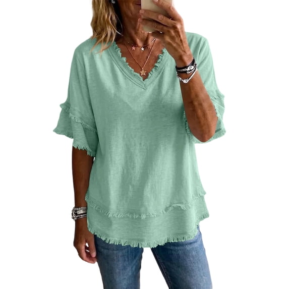 longantii Linen Shirts for Women V Neck Casual Cute Oversized Shirt Loose Basic Holiday Summer Tops Boho Beach Vintage Tshirts Green M