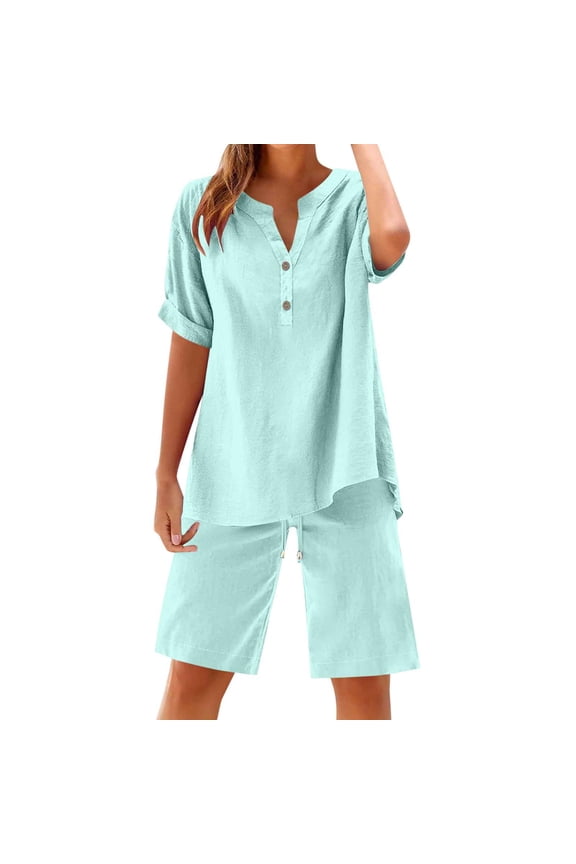 Linen Short Sets for Women - Short Sleeve Shirts & Wide Leg Shorts Loose fit Casual 2 piece Cotton Linen Sets Outfits Fluorescent Green XXL
