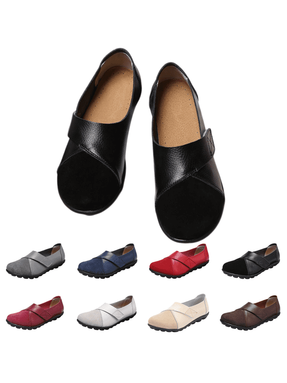 Loafers for Women Leather Slip On Orthopedic Flat Loafers Low Top Casual Walking Nurse Shoes Non-Slip Adjustable Easy On Comfy Large Size Moccasins Walking Dotmalls Shoes Black