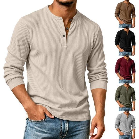 longantii Long Sleeve Henley Shirts for Men Casual Textured 3-Button Pullover Solid Warm Basic Tops Lightweight Fall Workout Shirts