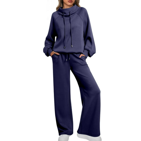 longantii Lounge Sets for Women Sweatsuits 2 Piece Outfits 2025 Fall Drawstring Sweatshirt Wide Leg Sweatpants Tracksuit Fashion Fall Winter Travel Airport Outfits Navy L