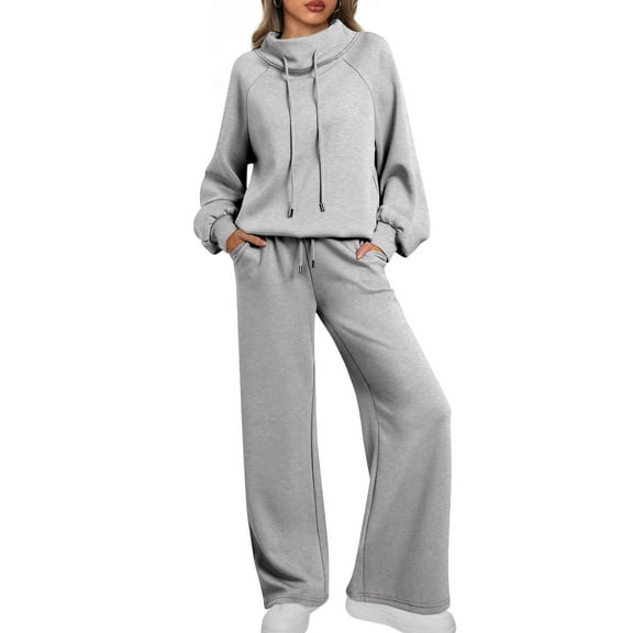 longantii Lounge Sets for Women Sweatsuits 2 Piece Outfits 2025 Fall Drawstring Sweatshirt Wide Leg Sweatpants Tracksuit Fashion Fall Winter Travel Airport Outfits Light Gray M
