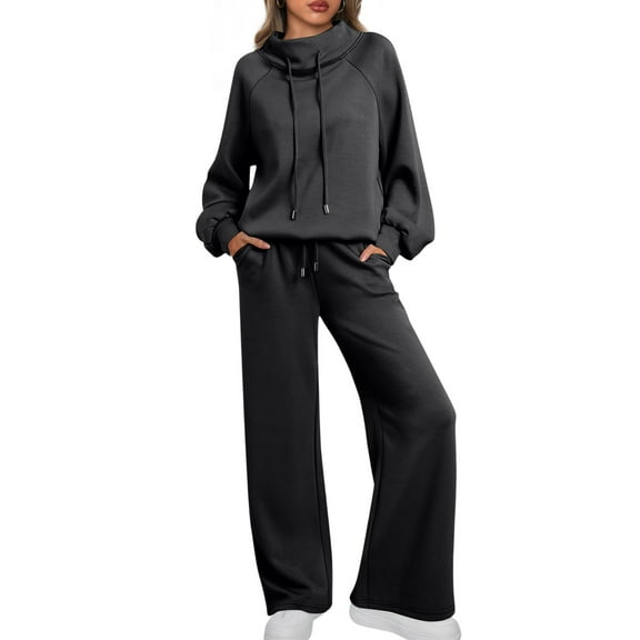 longantii Lounge Sets for Women Sweatsuits 2 Piece Outfits 2025 Fall Drawstring Sweatshirt Wide Leg Sweatpants Tracksuit Fashion Fall Winter Travel Airport Outfits Black M