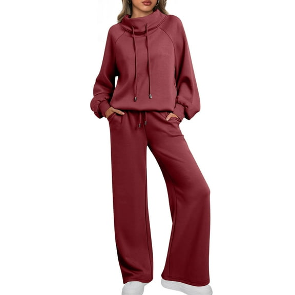 longantii Lounge Sets for Women Sweatsuits 2 Piece Outfits 2025 Fall Drawstring Sweatshirt Wide Leg Sweatpants Tracksuit Fashion Fall Winter Travel Airport Outfits Wine XXL