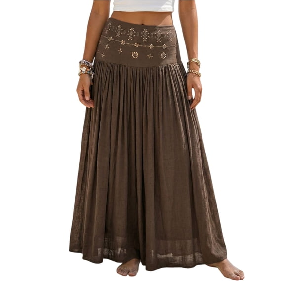 longantii Maxi Skirts for Women Cotton Linen Flowy Skirt Relaxed Fit A-Line Pleated Outfits Spring Disco Clothes Brown S