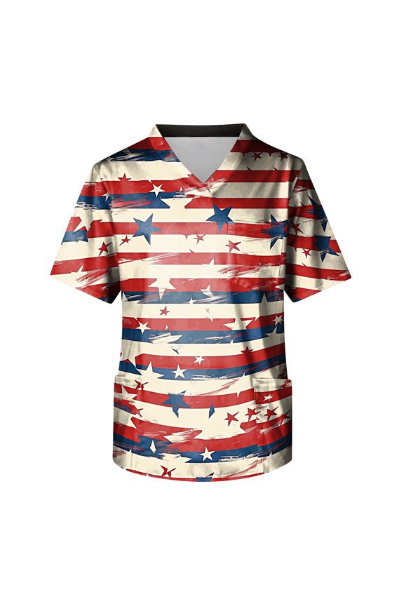 Men's 4th Of July Scrubs Top Fashion Patriotic V-Neck Short Sleeve Graphic Printed Scrub Tops 2026 Summer Comfortable Stretchy Nurse Scrubs with Pockets Watermelon Red XL