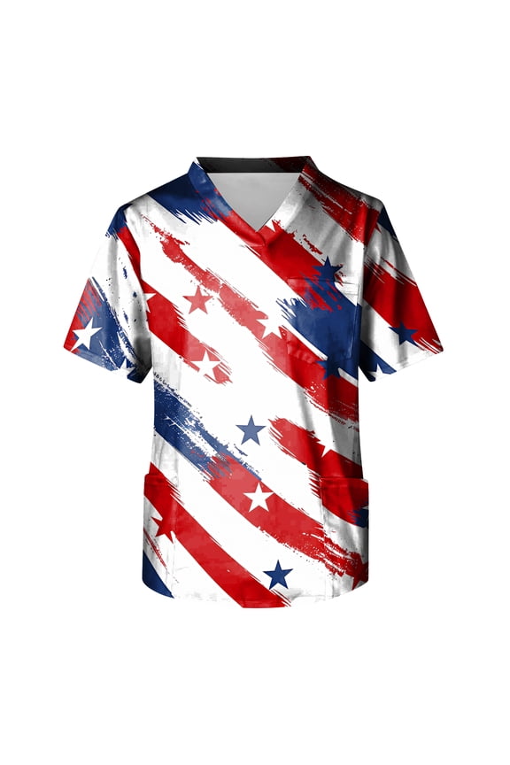 Men's 4th Of July Scrubs Top Fashion Patriotic V-Neck Short Sleeve Graphic Printed Scrub Uniform Tops 2026 Summer Lightweight Stretch Nurse Scrubs with Pockets White XL