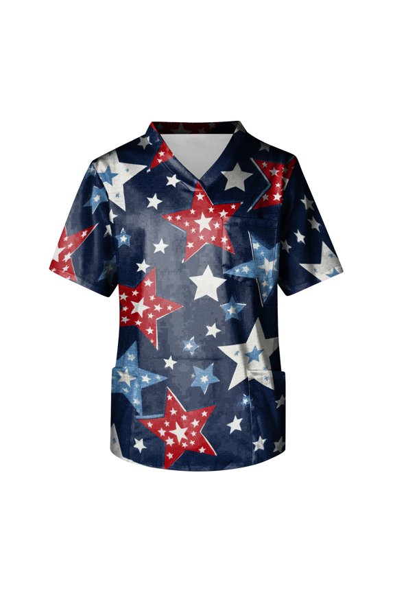 Men's 4th Of July Scrubs Top Regular Fit Patriotic V-Neck Short Sleeve Graphic Printed Scrub Tops Summer Vintage Stretch Nurse Scrubs with Pockets Dark Blue M