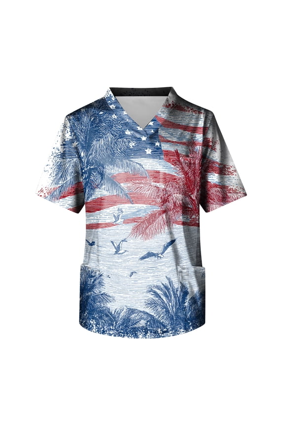 Men's Independence Day Scrubs Fashion Patriotic V-Neck Short Sleeve Graphic Printed Scrub Tops 2026 Summer Comfort Stretch Work Uniform with Pockets Light Blue XXXL