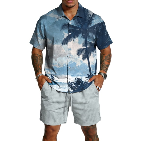 longantii Men's Outfits Relaxed Fit Button Hawaiian Shirts and Shorts Comfy Short Sleeve Beach Blouses and Shorts 2026 Summer Vacation Outfits Royal Blue S