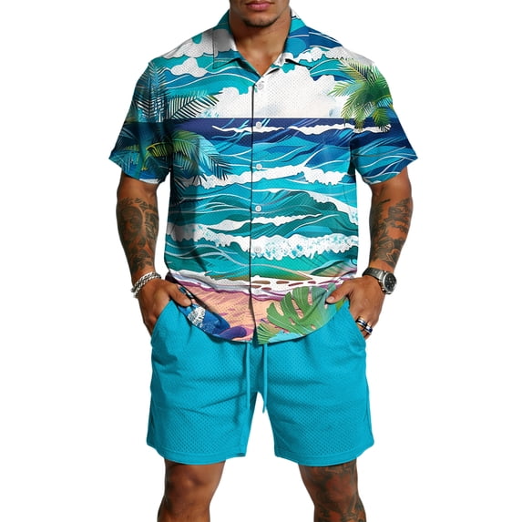 longantii Men's Outfits Relaxed Fit Button Tropical Print Shirts and Shorts Comfortable Short Sleeve Beach Tees and Shorts Summer Vacation Outfits Blue S