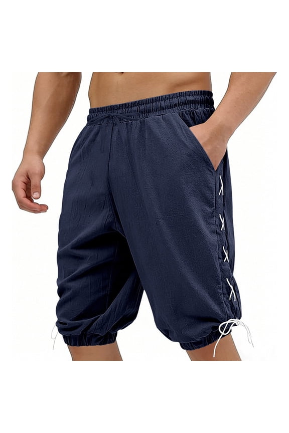 Men’s Pirate Shorts Medieval Viking Navigator Renaissance Banded Pants Gothic Linen Costume Shorts Navy L