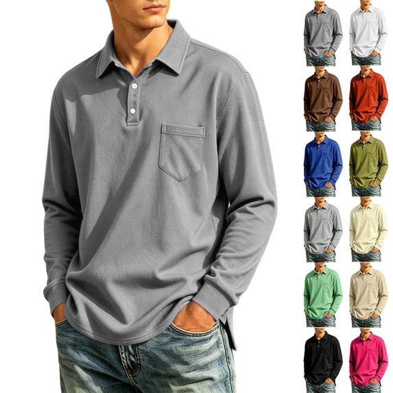 longantii Men's Polo Shirts Fashion Collared Long Sleeve Tops with Chest Pocket Knit Fabric Lightweight Breathable Regular Fit Pullover Fall Spring Soft Comfy T-Shirts for Weekend Leisure