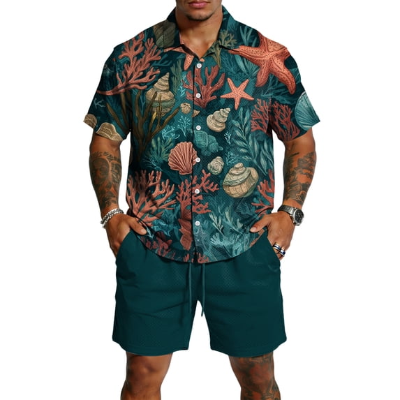 longantii Men's Sets Elastic Button Down Hawaiian Tops and Shorts Comfy Short Sleeve Beach Blouses and Shorts 2026 Shirt and Beach Shorts Sets Turquoise XXL