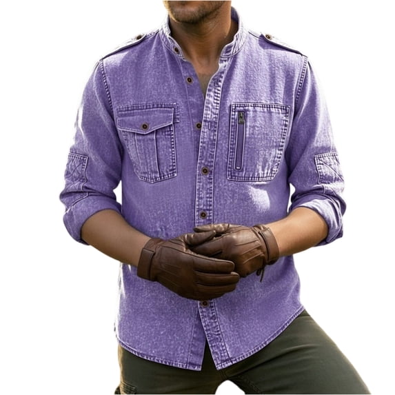 longantii Men's Shirt Loose Fit Distressed Denim Lapel Tshirts Vintage Long Sleeve Button Down Pullovers Summer Utility Shirt Jackets with Pockets Purple XL