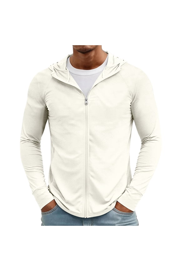 Men's UPF 50+ Full Zip Up Sun Protection Hoodie Jacket Long Sleeve Lightweight UV Shirts for Men Hiking Fishing White L