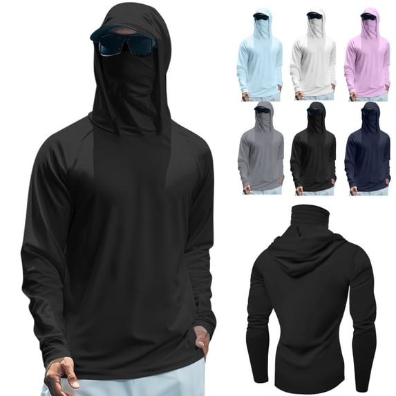 longantii Men's UPF 50+ Sun Protection Hooded Shirt with Integrated Face Cover Long Sleeve Lightweight Rash Guard Shirts Summer Cooling Fishing Shirts Black XXL