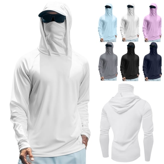 longantii Men's UPF 50+ Sun Protection Hooded Shirt with Integrated Face Cover Long Sleeve Lightweight Rash Guard Shirts Summer Cooling Fishing Shirts White M