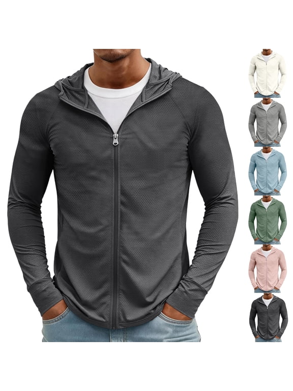 Men's UPF 50+ Sun Protection Outdoor Lightweight Full Zip Hoodie Jacket Long Sleeve Fishing Hiking Performance Shirt Dark Gray L