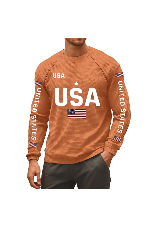 Men's Usa Flag Waffle Sweatshirts Waffle Usa Flag American Crewneck Pullover 250Th Anniversary 1776-2026 Sweatshirt Orange XXL