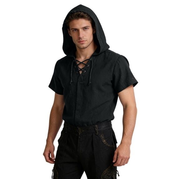 longantii Men's Vintage Shirts Short Sleeve Lace Up Hooded Tunic Regular Fit Renaissance Top Lightweight Medieval Pirate Cosplay Black 2XL