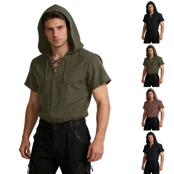 longantii Men's Vintage Shirts Short Sleeve Lace Up Hooded Tunic Regular Fit Renaissance Top Lightweight Medieval Pirate Cosplay Green S