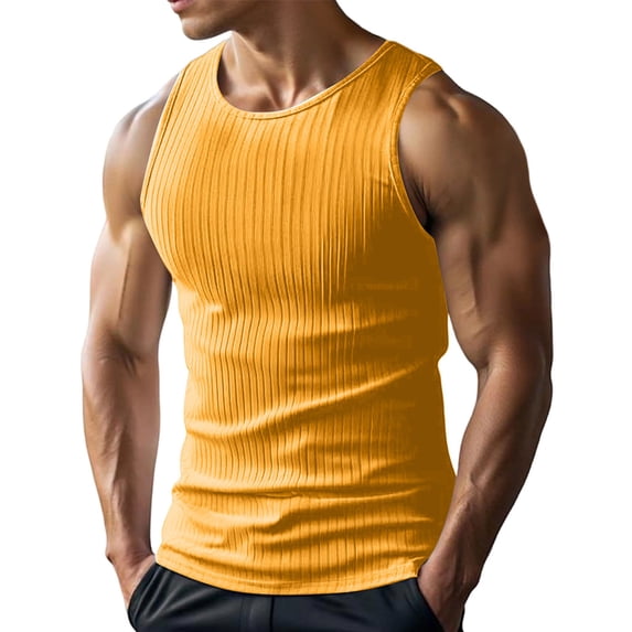 longantii Men's Wide Strap Ribbed Tank Top, Fitness Muscle Gym Ribbed Workout Sleeveless Bodybuilding Shirts Yellow 2XL