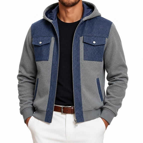 longantii Mens Hooded Cargo Coat Color Block Long Sleeve Full Zip Jacket Multi Pocket Relax Fit Streetwear Tops Daily Spring Fall Casual Outerwear Gray L