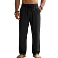 thumbnail image 1 of longantii Mens Linen Pants Lightweight Elastic Waist Drawstring Casual Pants Summer Loose Beach Pant Straight Leg Yoga Trouser with Pocket Black L, 1 of 5