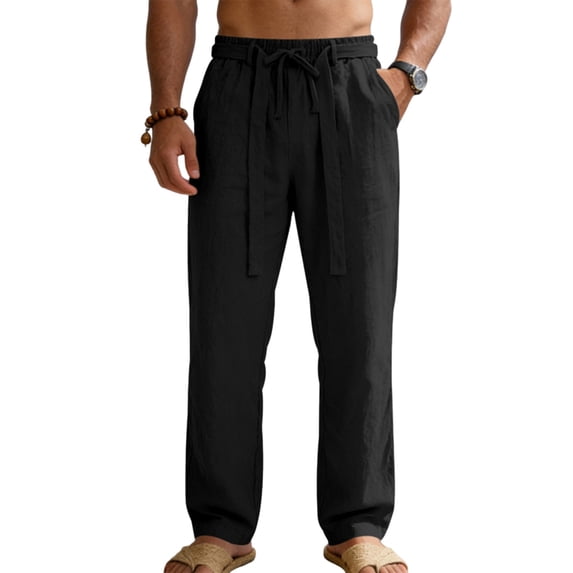 longantii Mens Linen Pants Lightweight Elastic Waist Drawstring Casual Pants Summer Loose Beach Pant Straight Leg Yoga Trouser with Pocket Black L