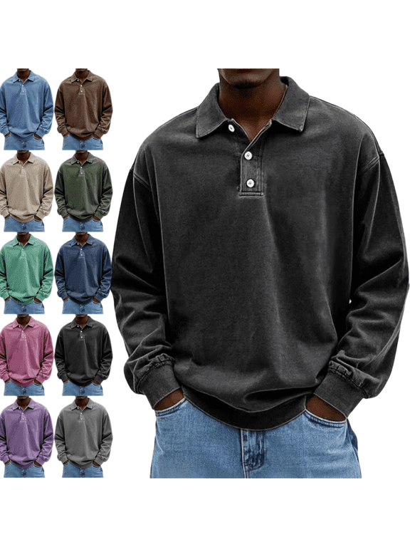 Mens Long Sleeve Polo Shirt Retro Acid Wash Oversized Drop Shoulder Point Collar Button Placket Casual Top For Big And Tall Men