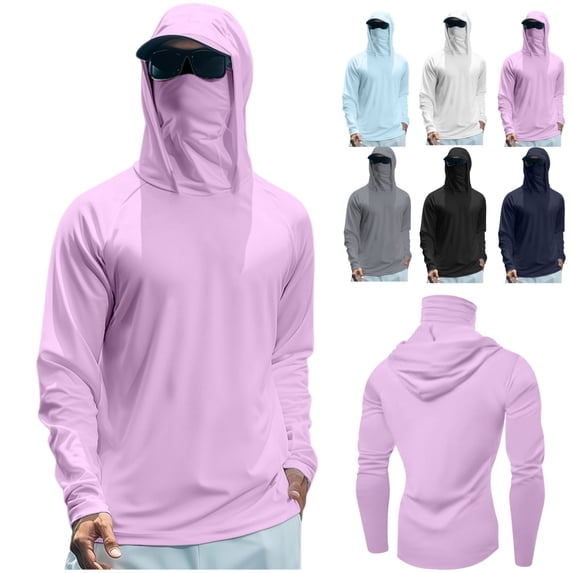 longantii Mens Long Sleeve Sun Protection Shirts with Mask UPF 50+ Fishing Rash Guard Hoodies Hiking UV Shirts with Hooded Purple L