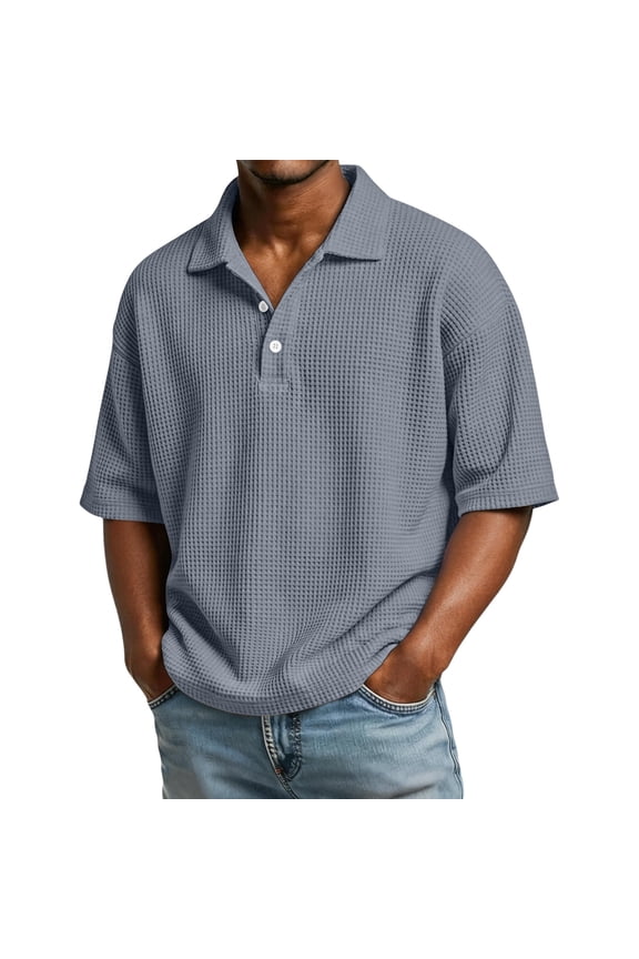 Mens Polo Shirts Fashion Waffle Henley Button Down Shirts Breathable Plain Short Sleeve Tees 2026 Summer Beach Vacation Golf Tees Light Purple XXXL