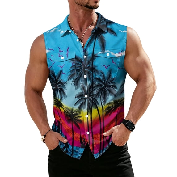 longantii Mens Shirts Hawaiian Style Vintage Button Down Shirts Lightweight Sleeveless Tops with Chest Pockets Summer Floral Print Summer Shirt for Vacation Dark Blue L