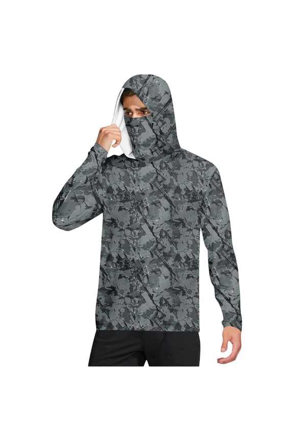 Mens Sun Shirt Quick Dry Long Sleeve T Shirts with Face Mask Comfy Breathable Hoodie Camouflage Printed Hiking Outdoor Working Shirts Spring Clothes Dark Gray XL