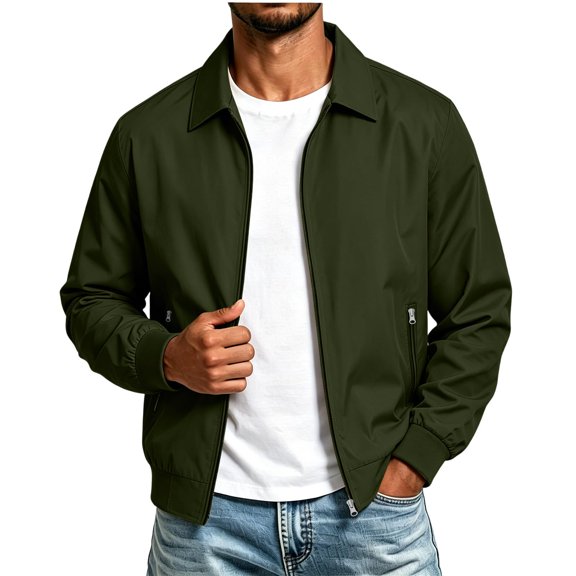 longantii Mens Waterproof Jackets Comfy Water Resistant Collared Rain Coat Long Sleeve Zip Up Coat Loose Fit Spring Fall Cycling Clothing Green 2XL