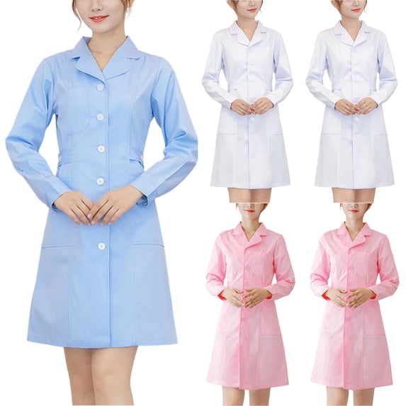 longantii Nurse Scrubs Dress for Women Formal Lapel Collar Short Sleeve Button Down Work Dress Comfy Nursing Uniform with Pockets Blue