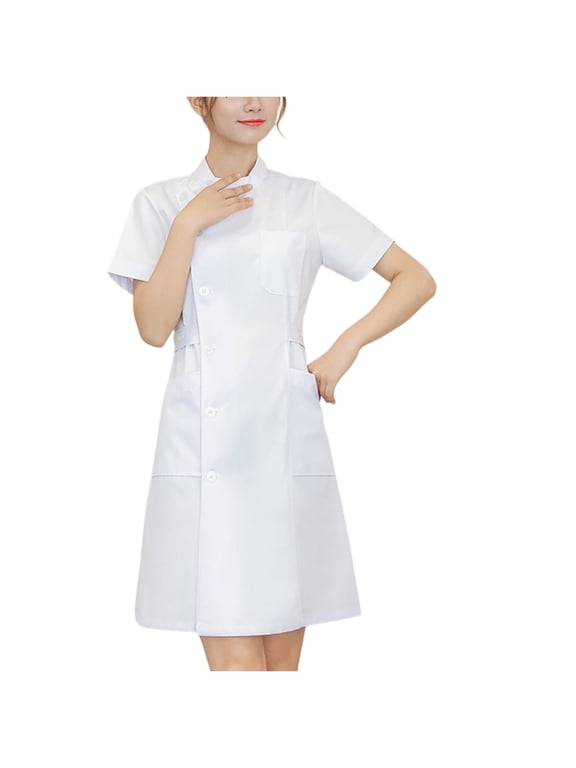 Nurse Scrubs Dress for Women Formal Mock Neck Short Sleeve Button Down Work Dress Comfy Nursing Uniform White