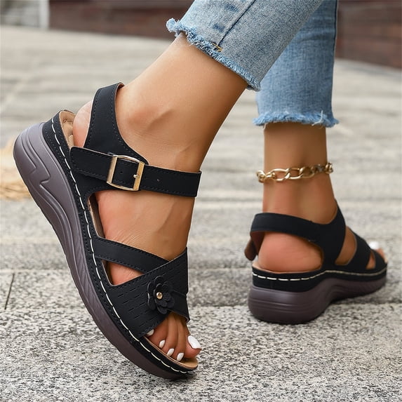 longantii Orthopedic Casual Sandals for Women Arch Support Flat Wedge Sandals Breathable Slip on Non Slip Hiking Shoes Vacation Beach 2026 Foam Shoes Black