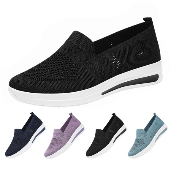 longantii Orthopedic Casual Shoes for Women Arch Support Non Slip Slip on Golf Shoes Lightweight Knitted Mesh Stretch Work Shoes Comfortable 2026 Orthopedic Shoes Black