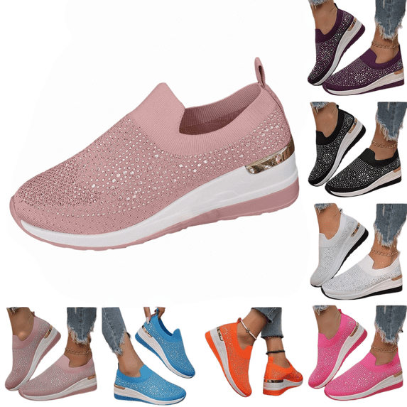 longantii Orthopedic Casual Shoes for Women Arch Support Non Slip Slip on Nurse Shoes Wide Knitted Mesh Stretch House Shoes Comfortable 2026 New Foam Shoes Pink