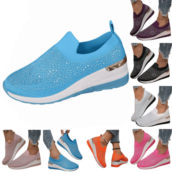 longantii Orthopedic Casual Shoes for Women Arch Support Non Slip Slip on Running Shoes Wide Width Mesh Stretch Server Shoes Comfort 2026 Foam Shoes Sky Blue