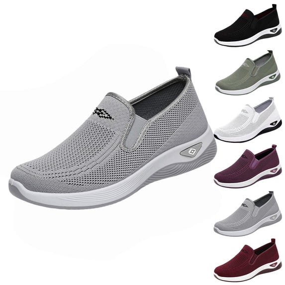 longantii Orthopedic Casual Shoes for Women Arch Support Non Slip Slip on Work Shoes Wide Width Knitted Mesh Stretch Volleyball Shoes Comfortable 2026 Foam Shoes Gray