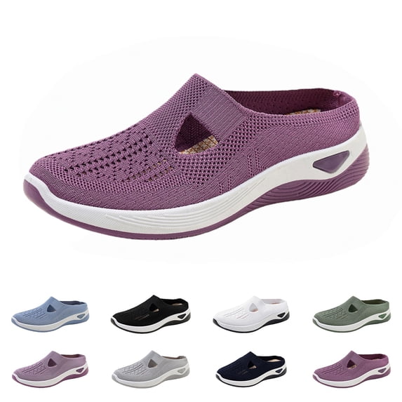 longantii Orthopedic Casual Shoes for Women Arch Support Slip on Non Slip Tennis Shoes Lightweight Knitted Mesh Stretch Business Casual Shoes Comfort 2026 Orthopedic Shoes Purple