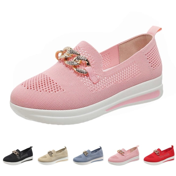 longantii Orthopedic Dress Shoes Metal Chain Slip On Platform Tennis Sneakers Casual Mesh Breathable Low Top Flats Loafers Comfortable Lightweight Walking Shoes Pink