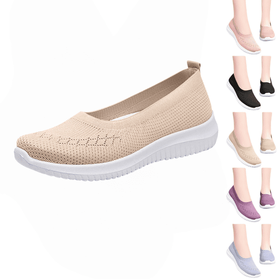 longantii Orthopedic Dress Shoes for Women Arch Support Non Slip Slip on Tennis Shoes Wide Knitted Mesh Stretch Walking Shoes Comfort 2026 New Foam Shoes Beige