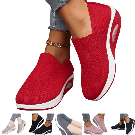 longantii Orthopedic Dress Shoes for Women Arch Support Non Slip Slip on Work Shoes Lightweight Knitted Mesh Stretch Walking Shoes Soft 2026 New Foam Shoes Red
